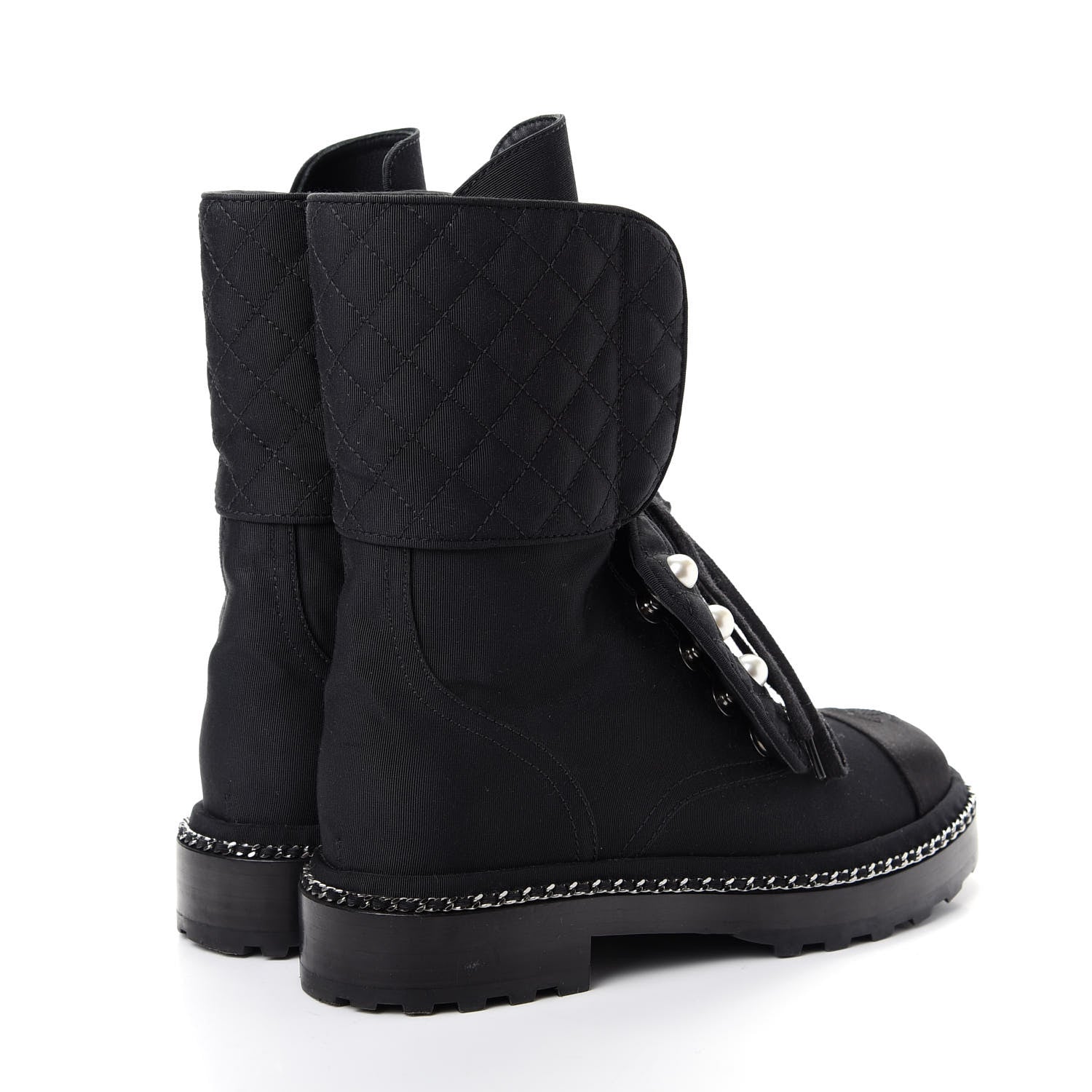 Chanel Grosgrain Pearl Chain CC Combat Short Boots 36 Black 4 of 10