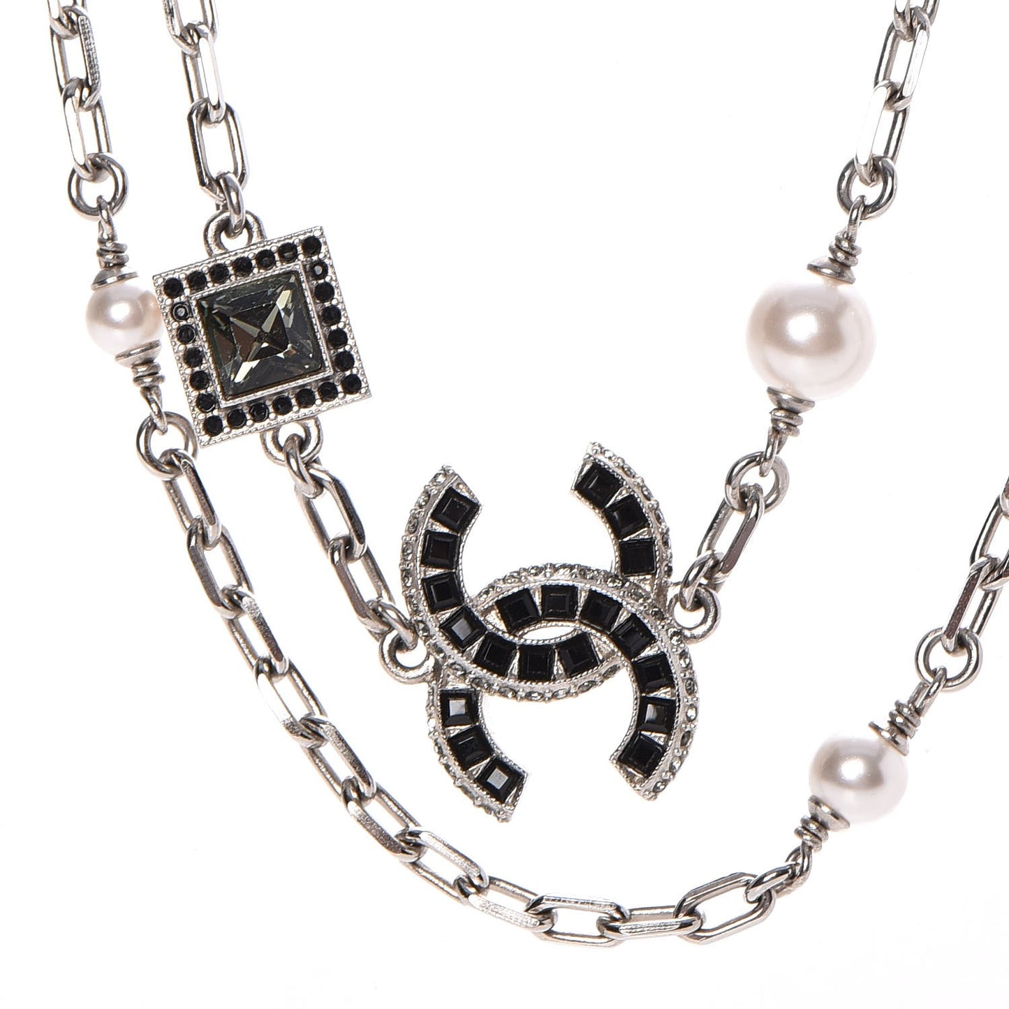 Pearl Crystal Baguette CC Long Necklace Silver