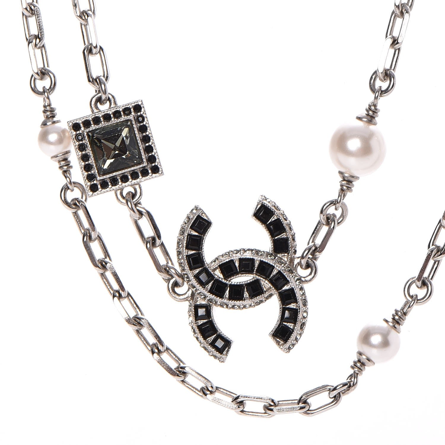 Chanel Pearl Crystal Baguette CC Long Necklace Silver 4 of 7