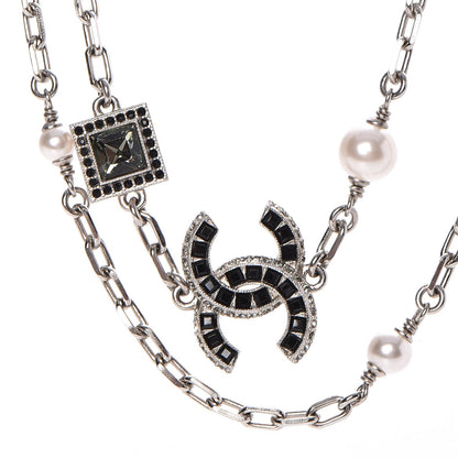 Chanel Pearl Crystal Baguette CC Long Necklace Silver 4 of 7
