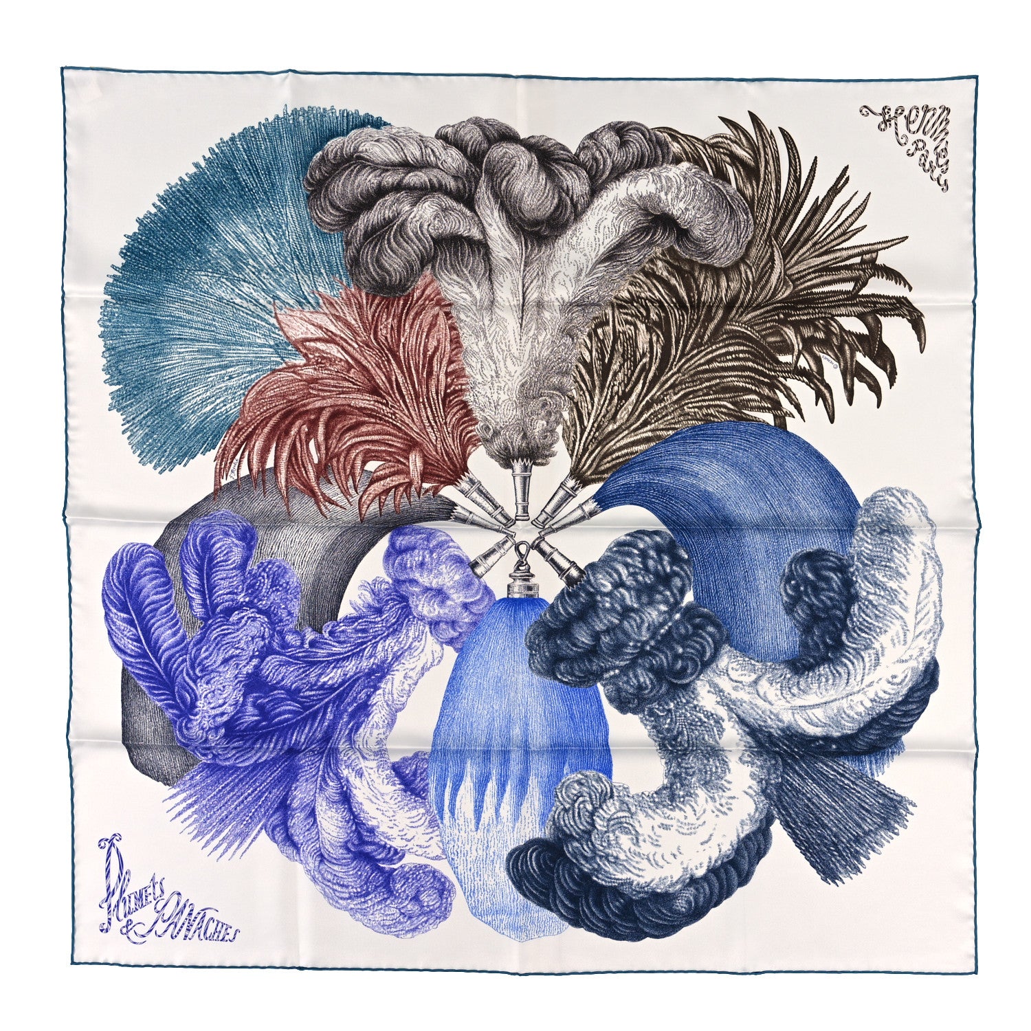 Hermes Silk Plumets Et Panaches Scarf 90 White Bleu Brun 1 of 4
