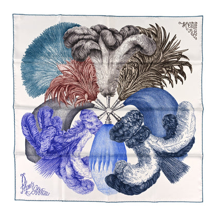 Hermes Silk Plumets Et Panaches Scarf 90 White Bleu Brun 1 of 4
