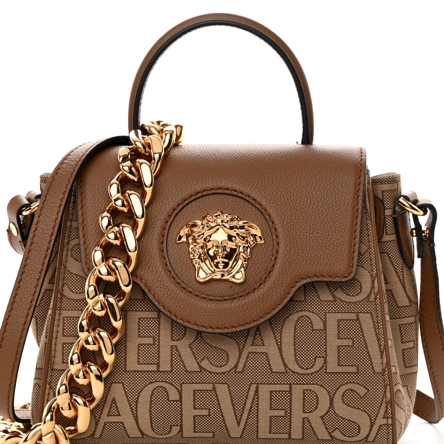 Calfskin Canvas Allover La Medusa Small Top Handle Handbag Brown