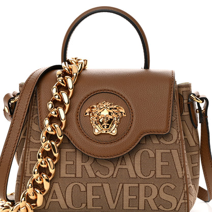 Versace Calfskin Canvas Allover La Medusa Small Top Handle Handbag Brown 7 of 10