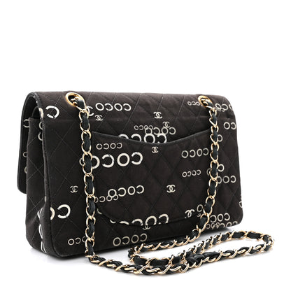 Chanel Canvas Coco Printed Quilted Medium Double Flap Black White 3 of 14
