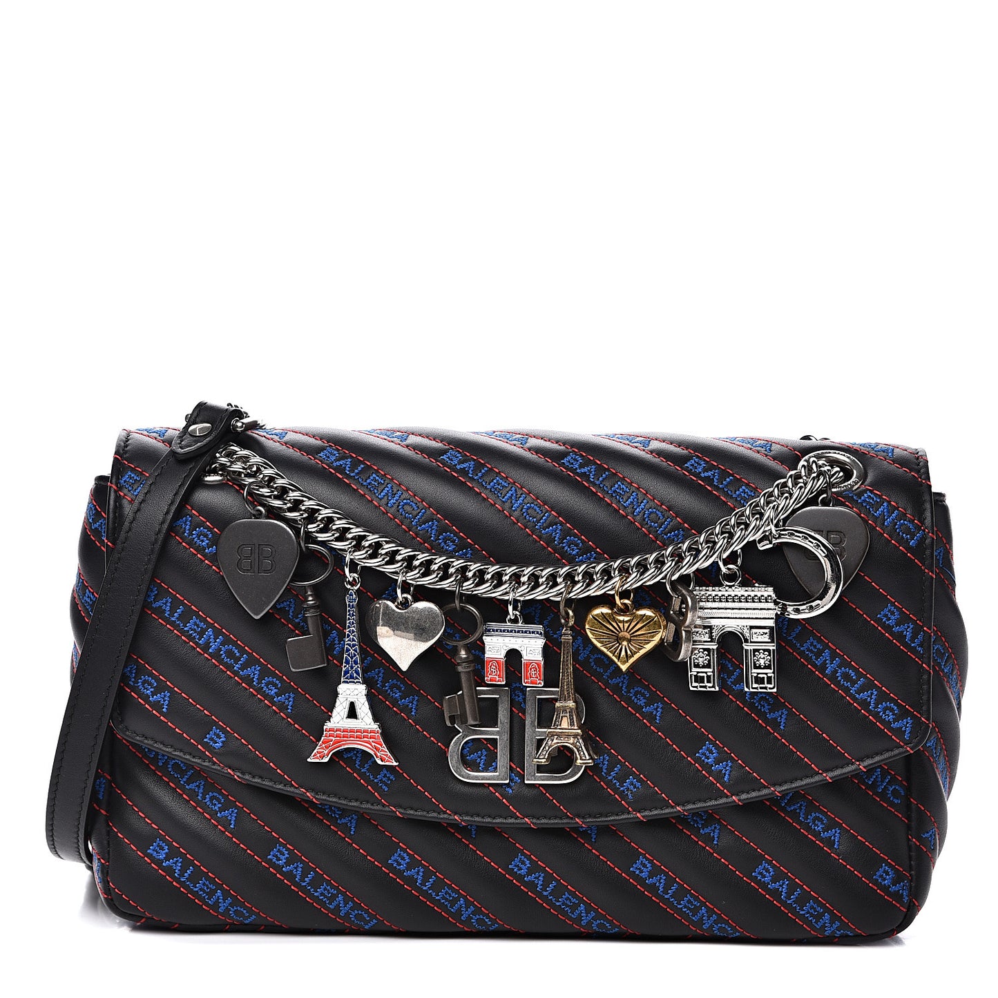 Calfskin Charms Logo Matelasse M BB Round Shoulder Bag Black Blue