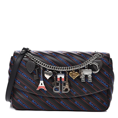 Balenciaga Calfskin Charms Logo Matelasse M BB Round Shoulder Bag Black Blue 1 of 11