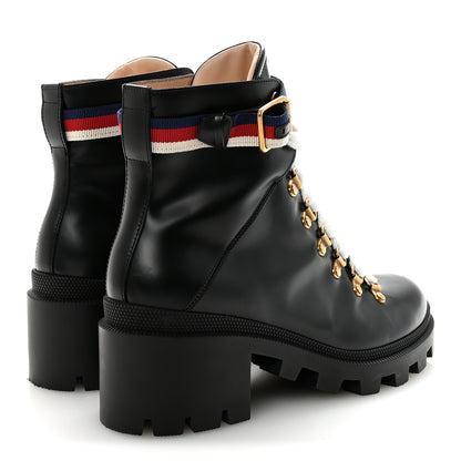 Gucci Calfskin Sylvie Web Womens Lace Up Combat Boots 38 Black 5 of 10