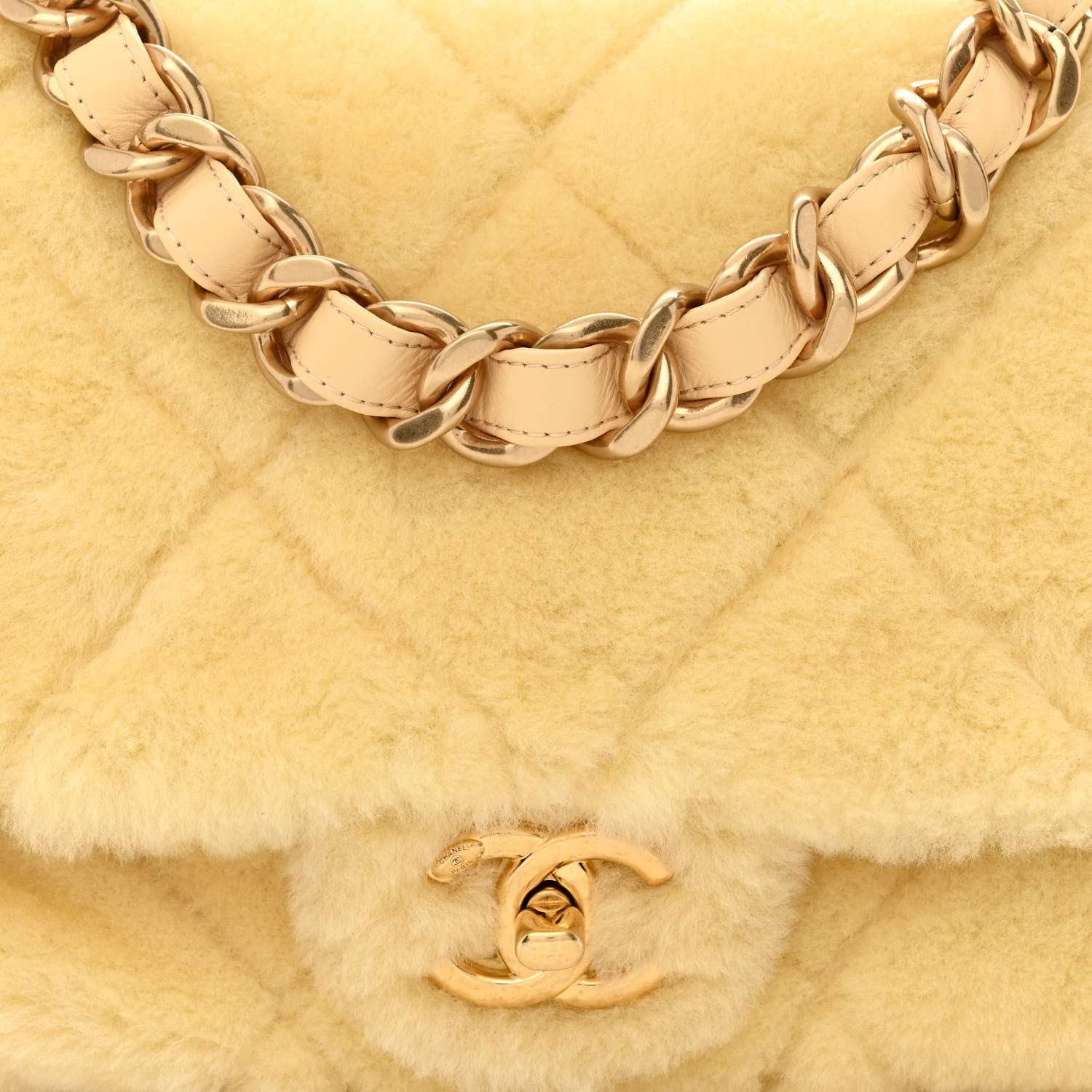 Chanel Shearling Lambskin Quilted Chain Top Handle Flap Yellow 7 of 9