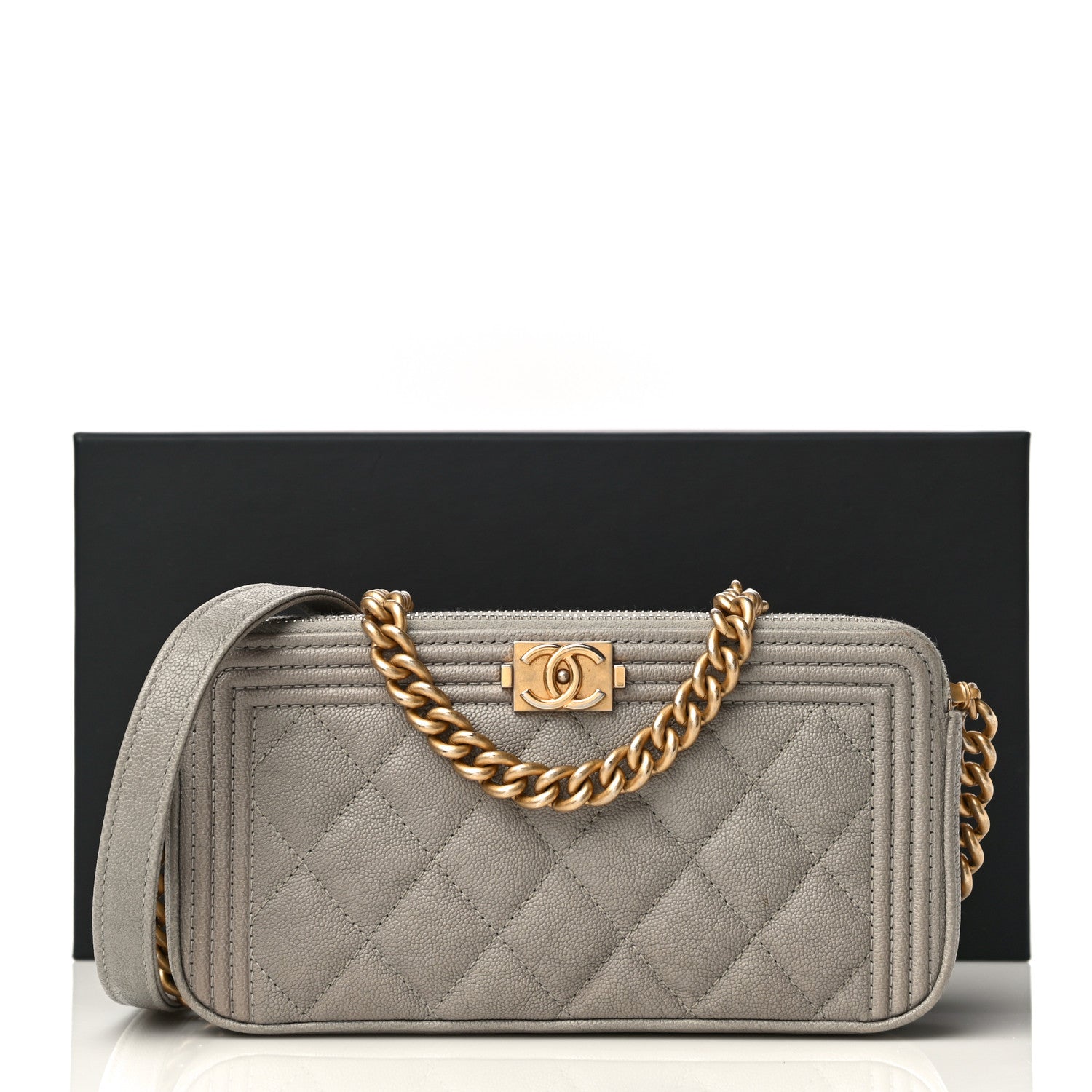Chanel Caviar Quilted Small Boy Clutch With Chain Grey 16 of 16