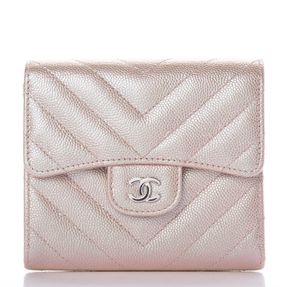 Chanel Metallic Caviar Chevron Quilted Compact Flap Wallet Light Gold 1 of 9
