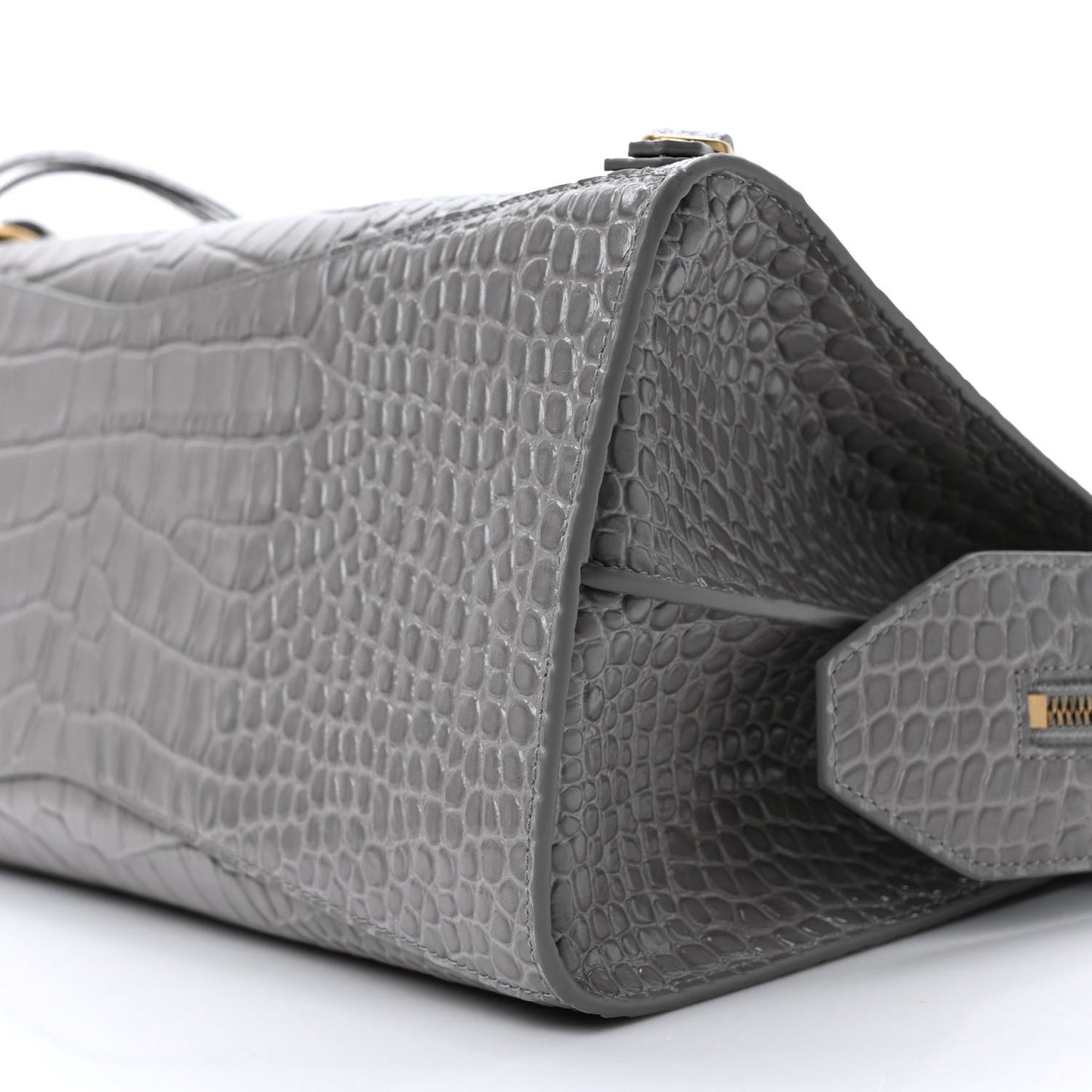 Shiny Supple Calfskin Crocodile Embossed Brass Hardware Neo Classic City Steel Grey
