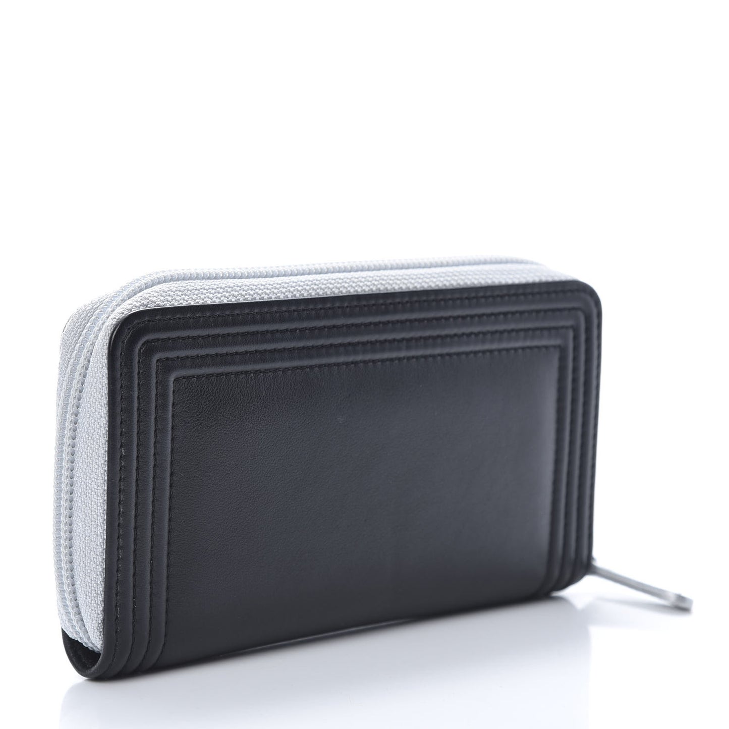 Metallic Goatskin Calfskin Large Bi-Color Zip Around Boy Wallet Black Silver