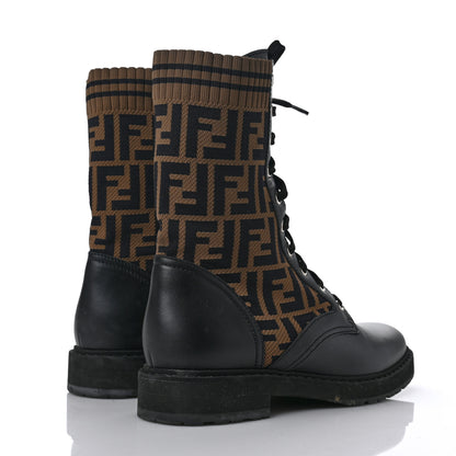 Fendi Calfskin Stretch Fabric FF Rockoko Biker Boots 40 Black Tobacco 4 of 11