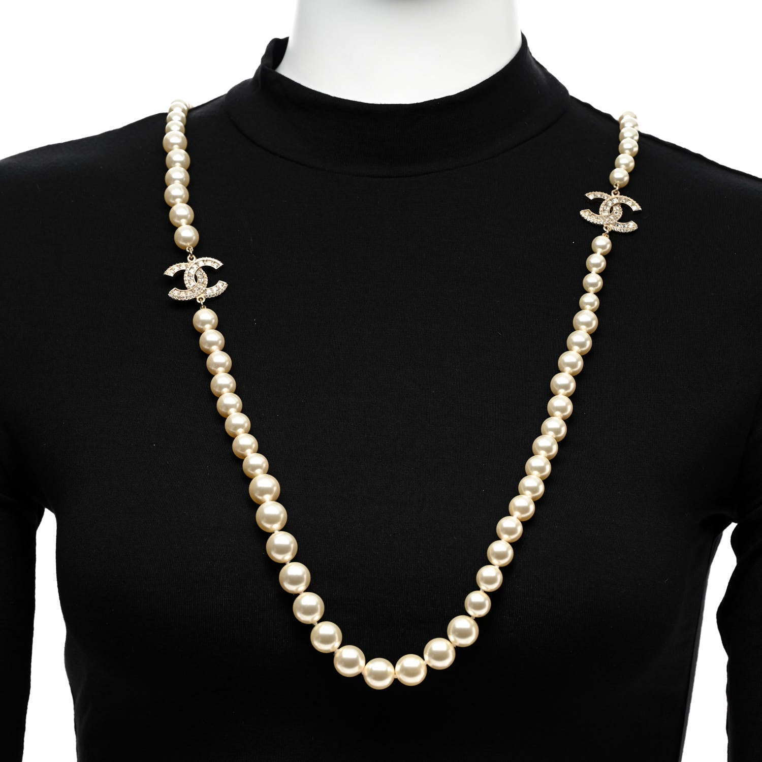 Chanel Pearl Baguette Crystal Long CC Necklace Gold 2 of 5