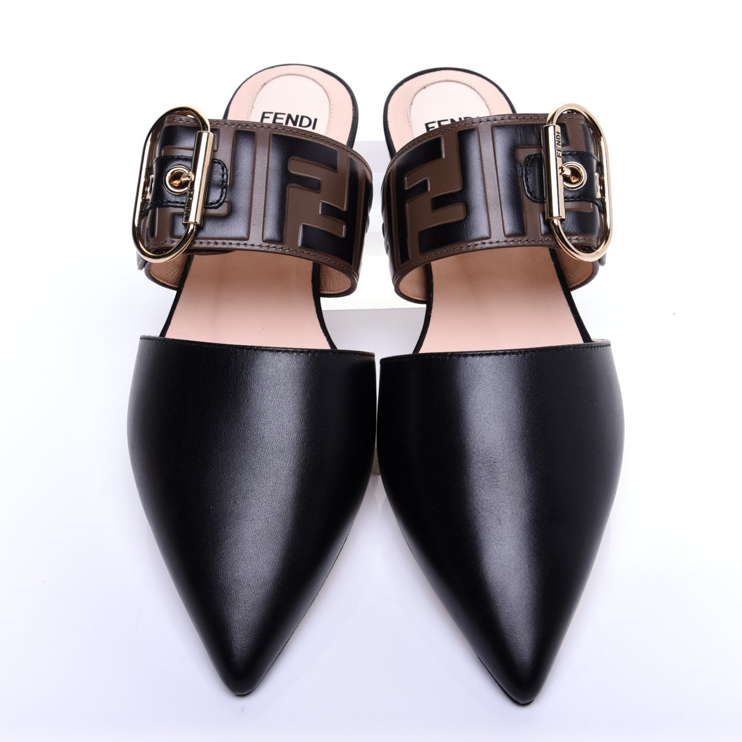 Vitello FF Embossed Buckle Flat Mules 35.5 Maya Black