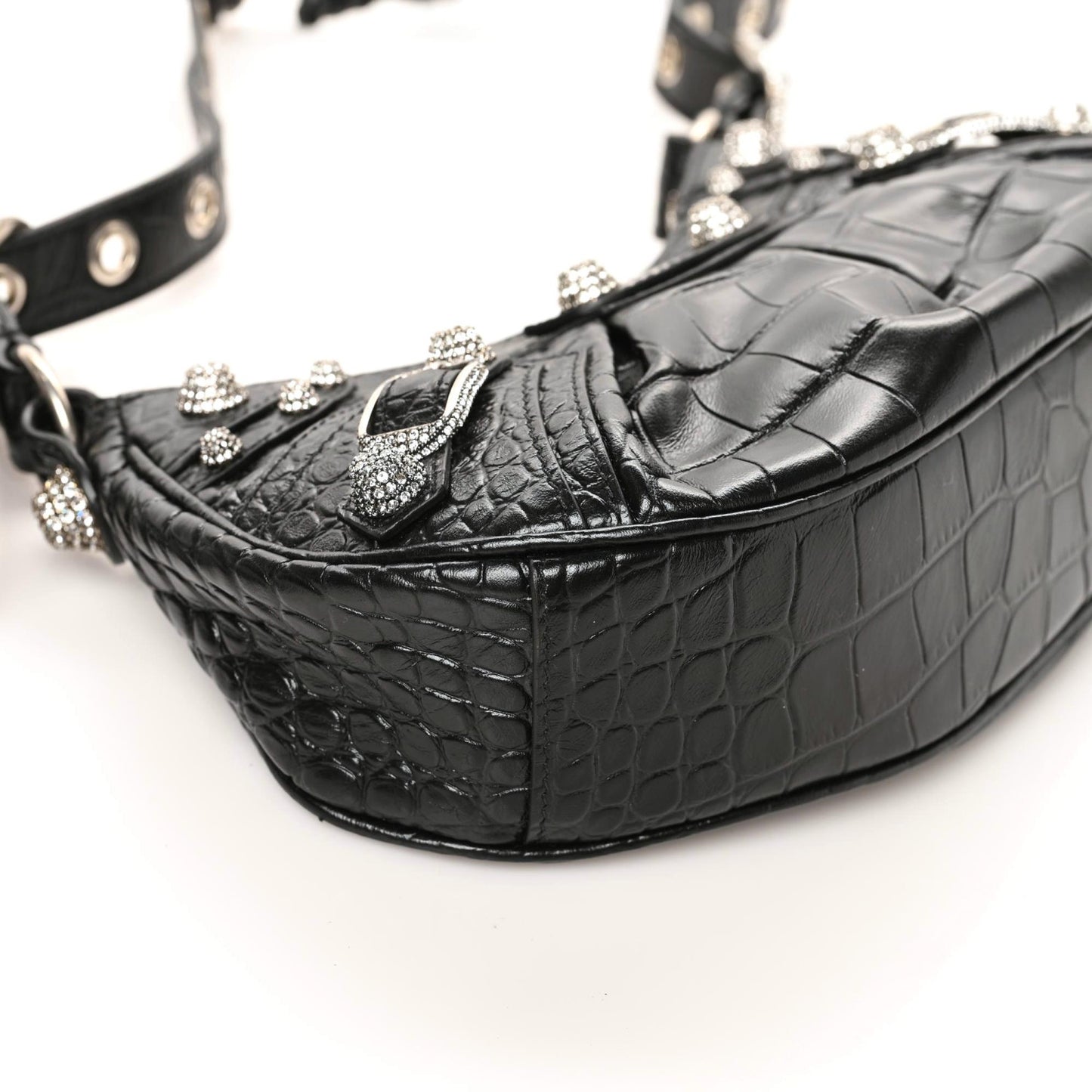 Extra Supple Calfskin Crystal Crocodile Embossed Le Cagole Shoulder Bag XS Black