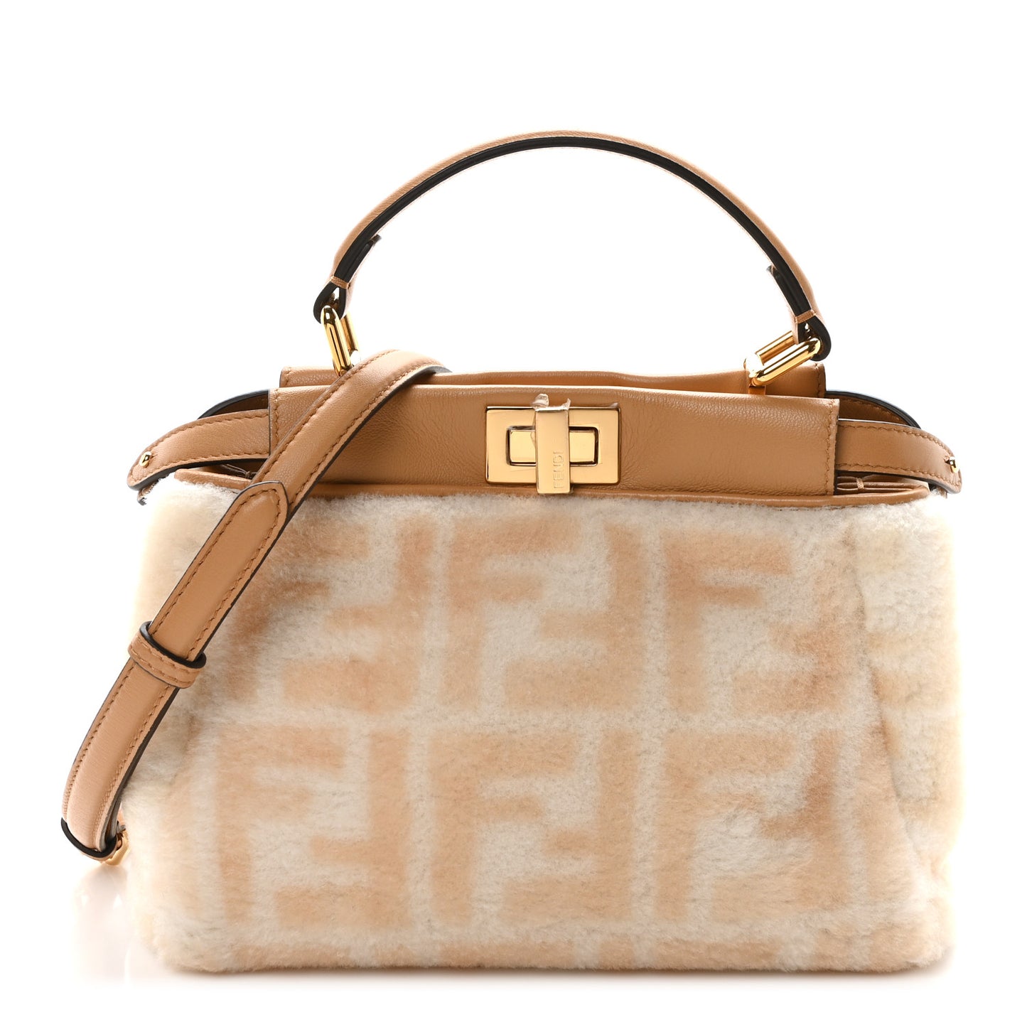 Shearling Nappa Macro FF 1974 Mini Peekaboo Iconic Satchel White Ice Cuoio Miele Scuro