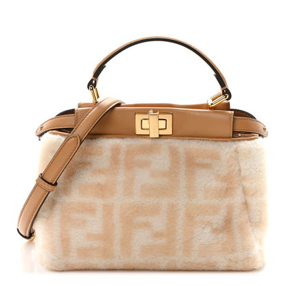 Fendi Shearling Nappa Macro FF 1974 Mini Peekaboo Iconic Satchel White Ice Cuoio Miele Scuro 1 of 10