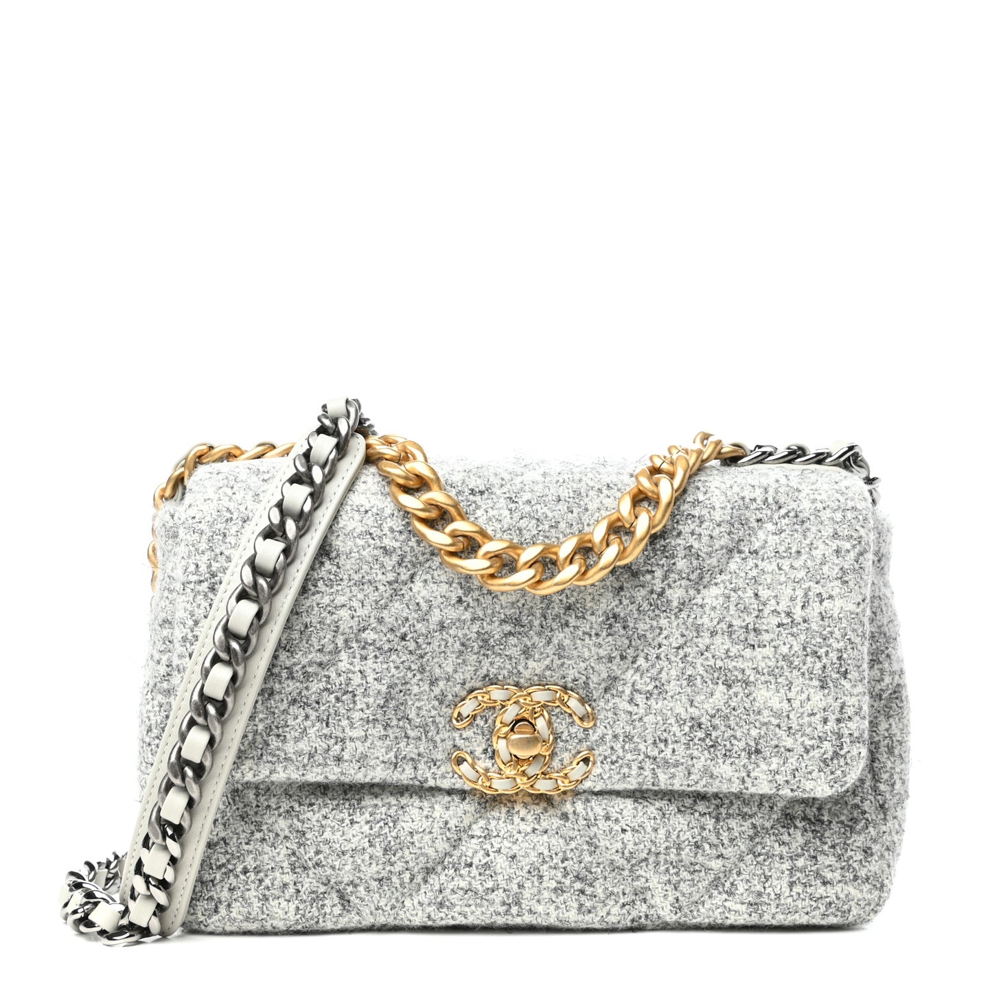 Tweed Quilted Medium Chanel 19 Flap Grey Ecru