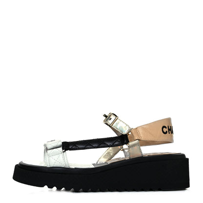 Chanel Lambskin Logo Platform Sandals 39 Beige Gold White 1 of 9