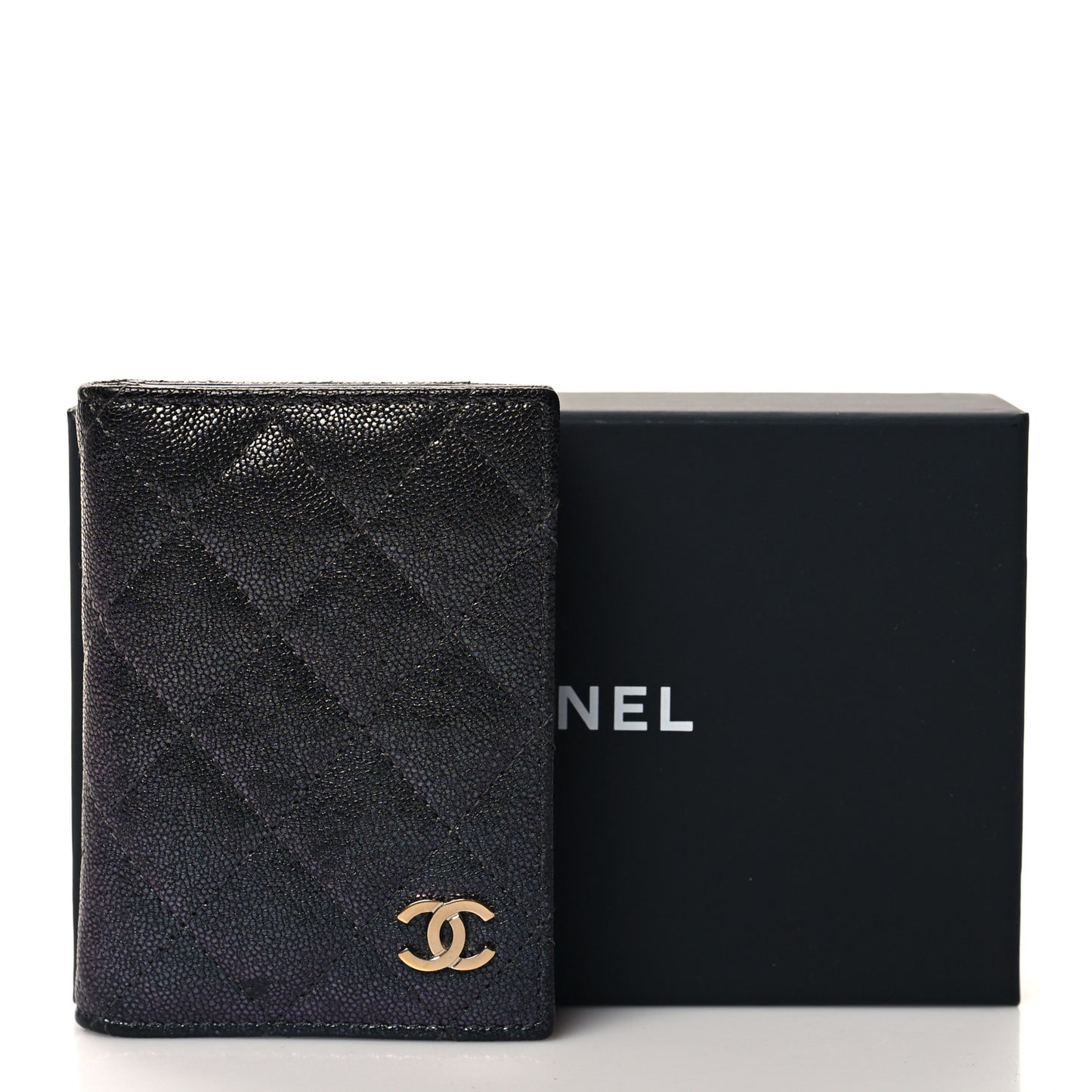Iridescent Caviar Quilted Card Holder Wallet Black