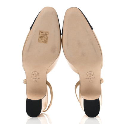 Chanel Goatskin Grosgrain Cap Toe CC Slingback Pumps 37 Beige Black 10 of 18