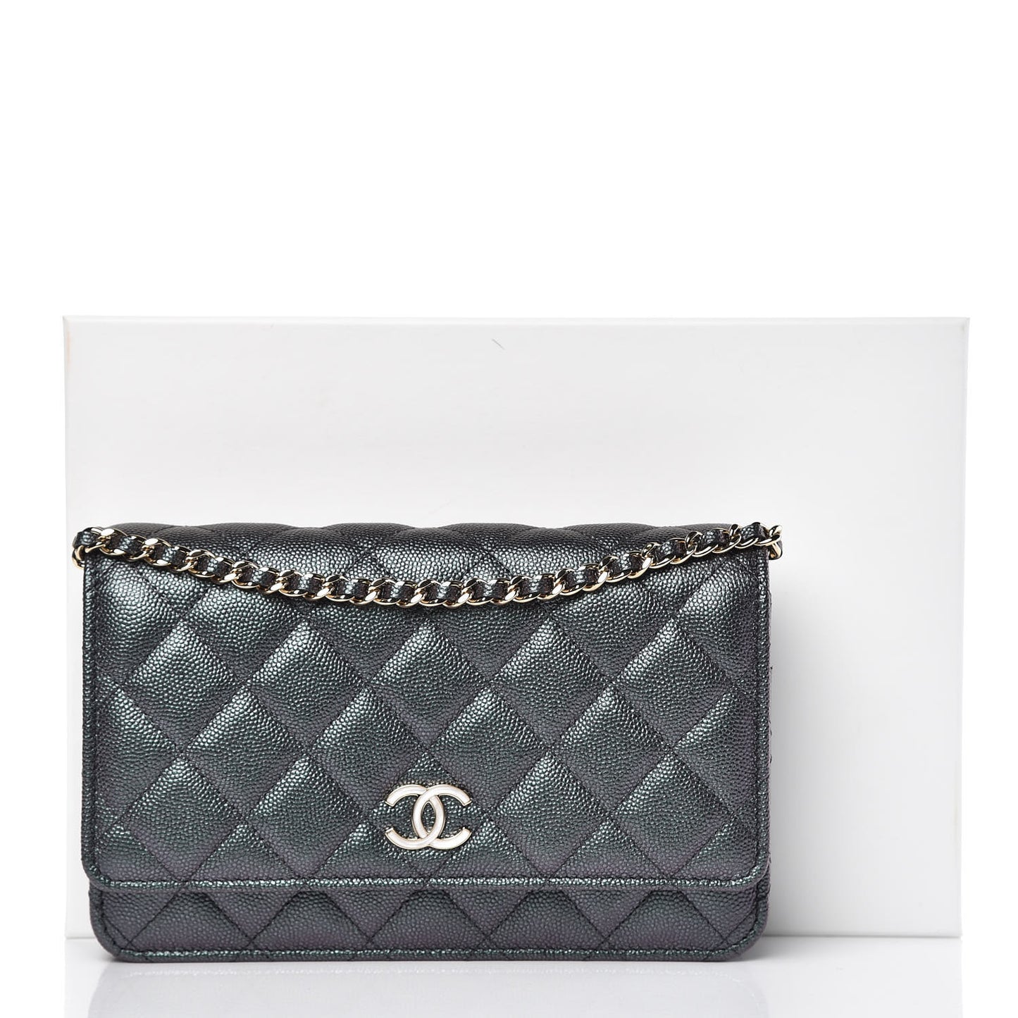 Iridescent Caviar Quilted Wallet On Chain WOC Black