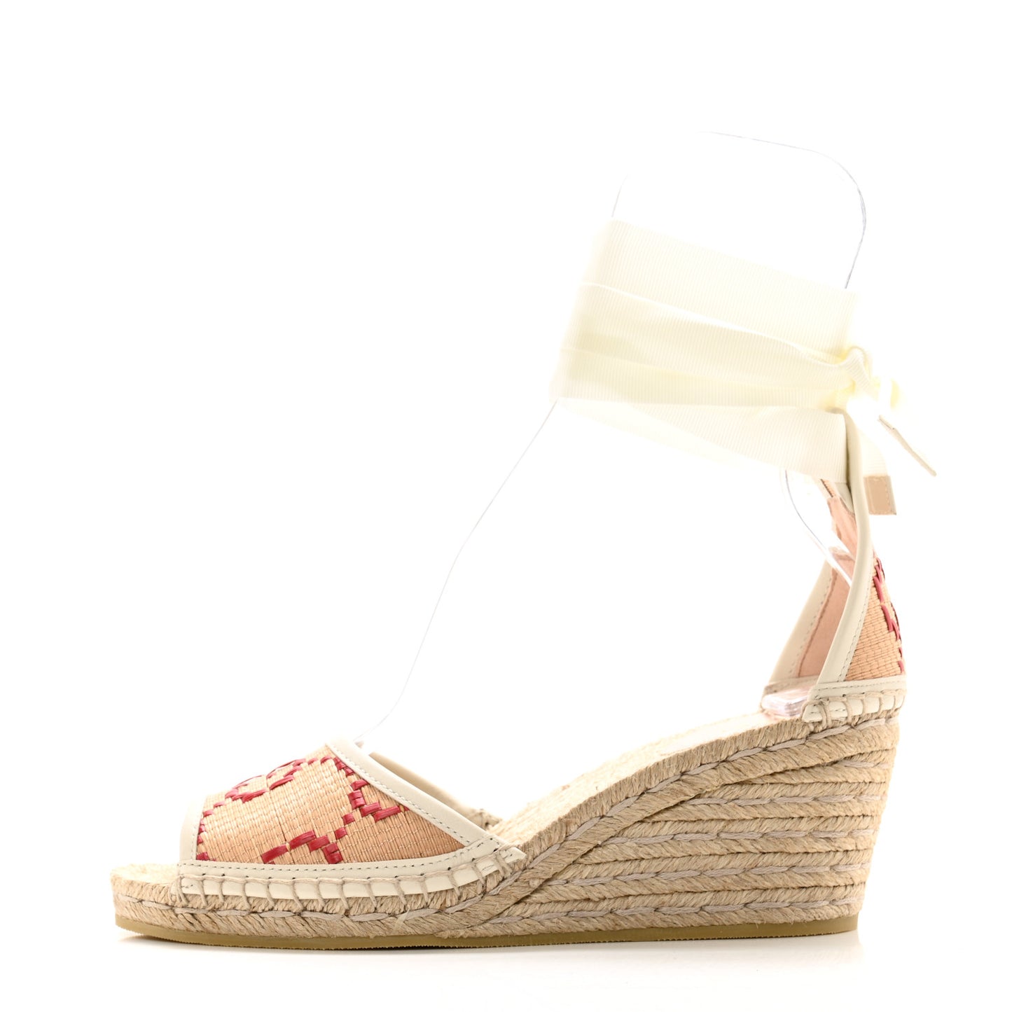 GG Raffia Monogram Ankle Wrap Platform Espadrille Wedge Sandals 37 Beige