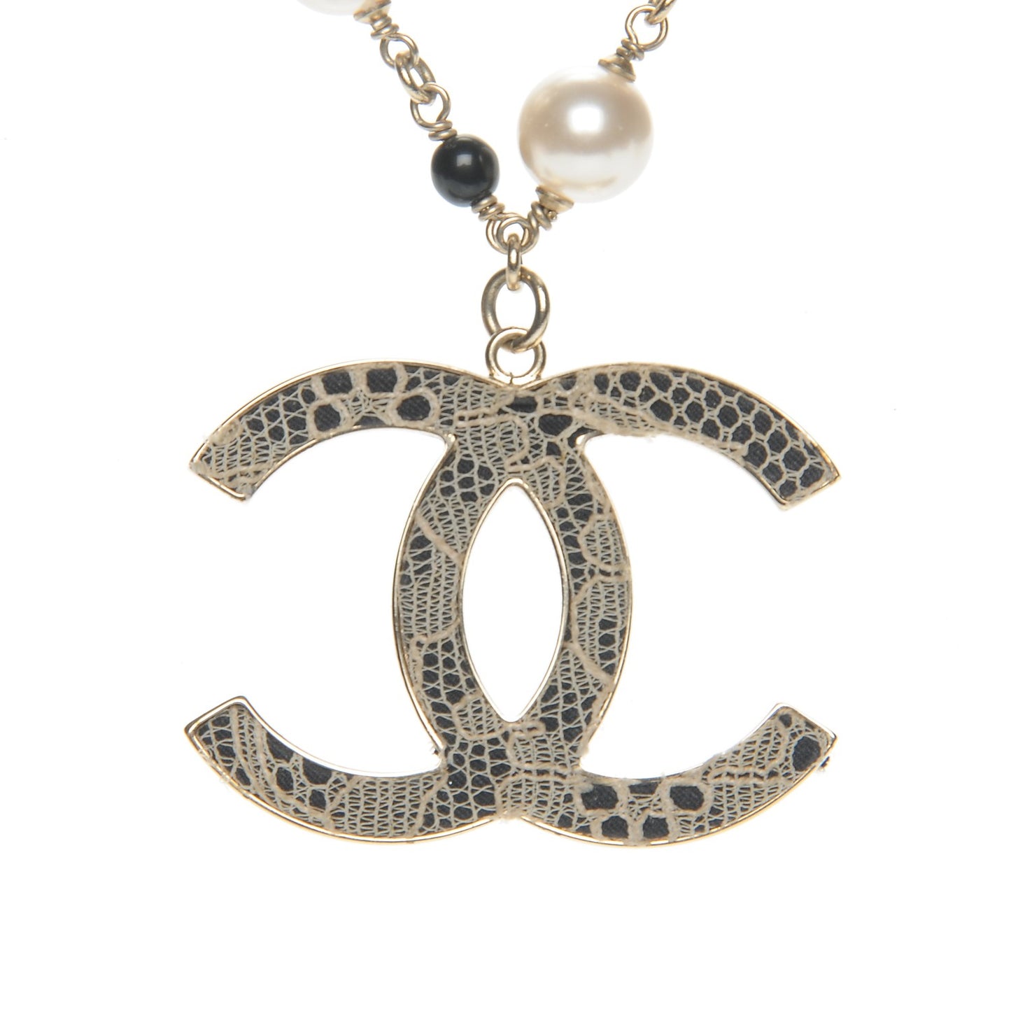 Pearl Beaded Lace CC Necklace Black Gold