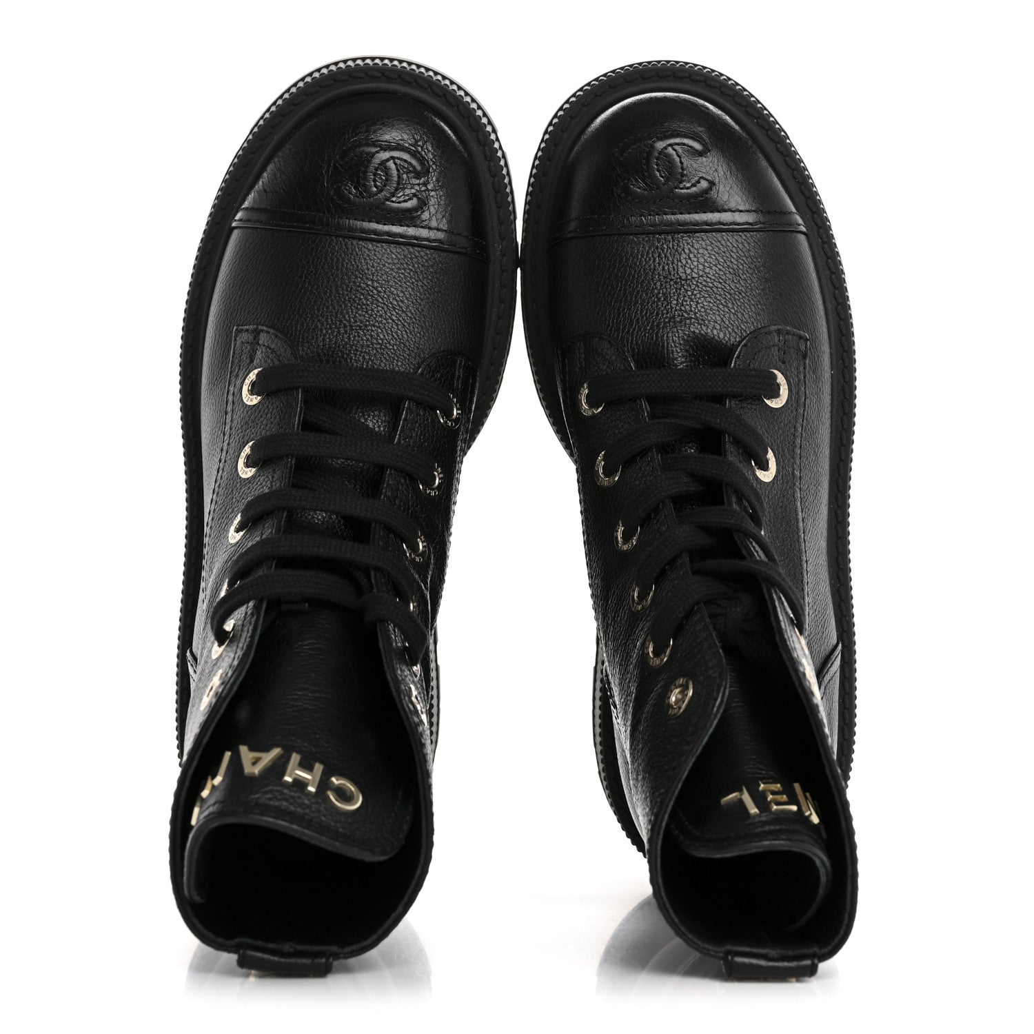 Chanel Grained Calfskin Shiny Calfskin CC Lace Up Combat Boots