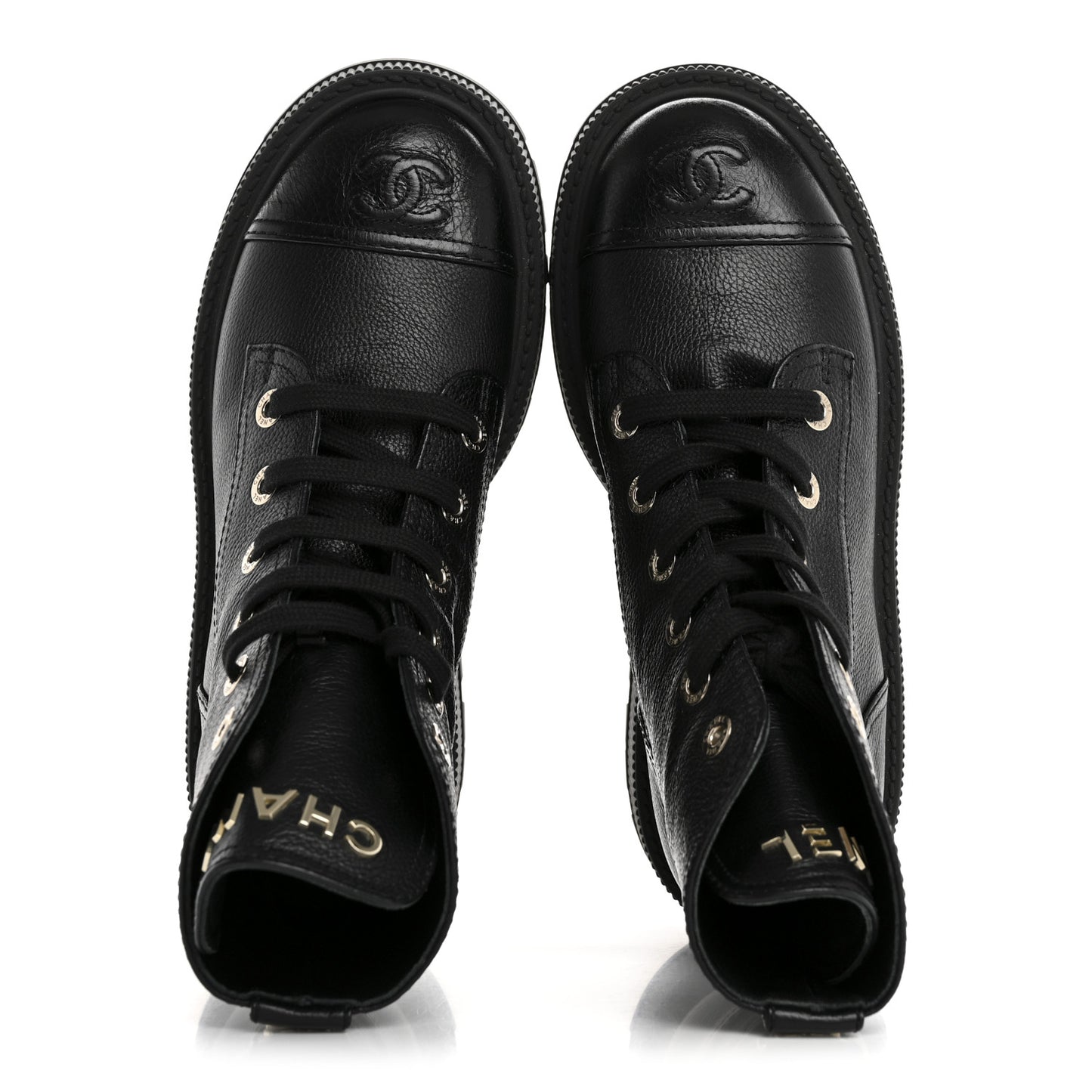 Grained Calfskin Shiny Calfskin CC Lace Up Combat Boots 37.5 Black