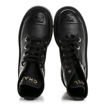 Chanel Grained Calfskin Shiny Calfskin CC Lace Up Combat Boots 37.5 Black 2 of 10