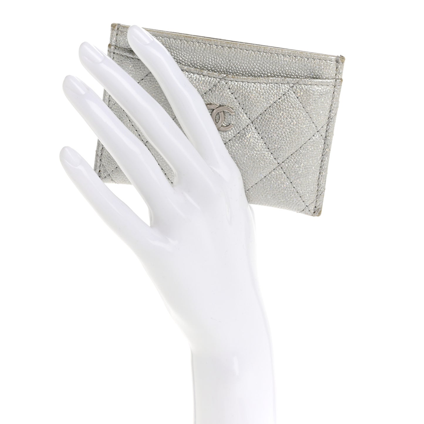 Glittered Metallic Caviar Quilted Card Holder Silver