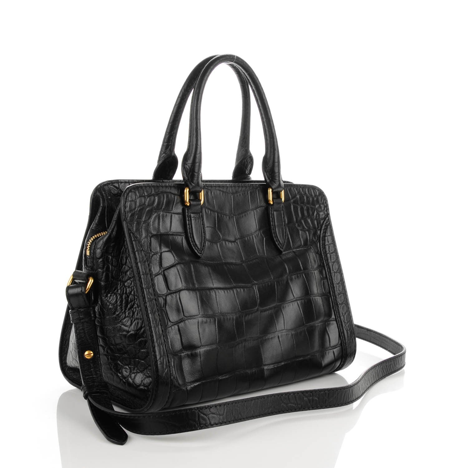 Alexander McQueen Calfskin Crocodile Embossed Small Skull Padlock Zip Around Tote Black 3 of 8
