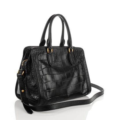Alexander McQueen Calfskin Crocodile Embossed Small Skull Padlock Zip Around Tote Black 3 of 8