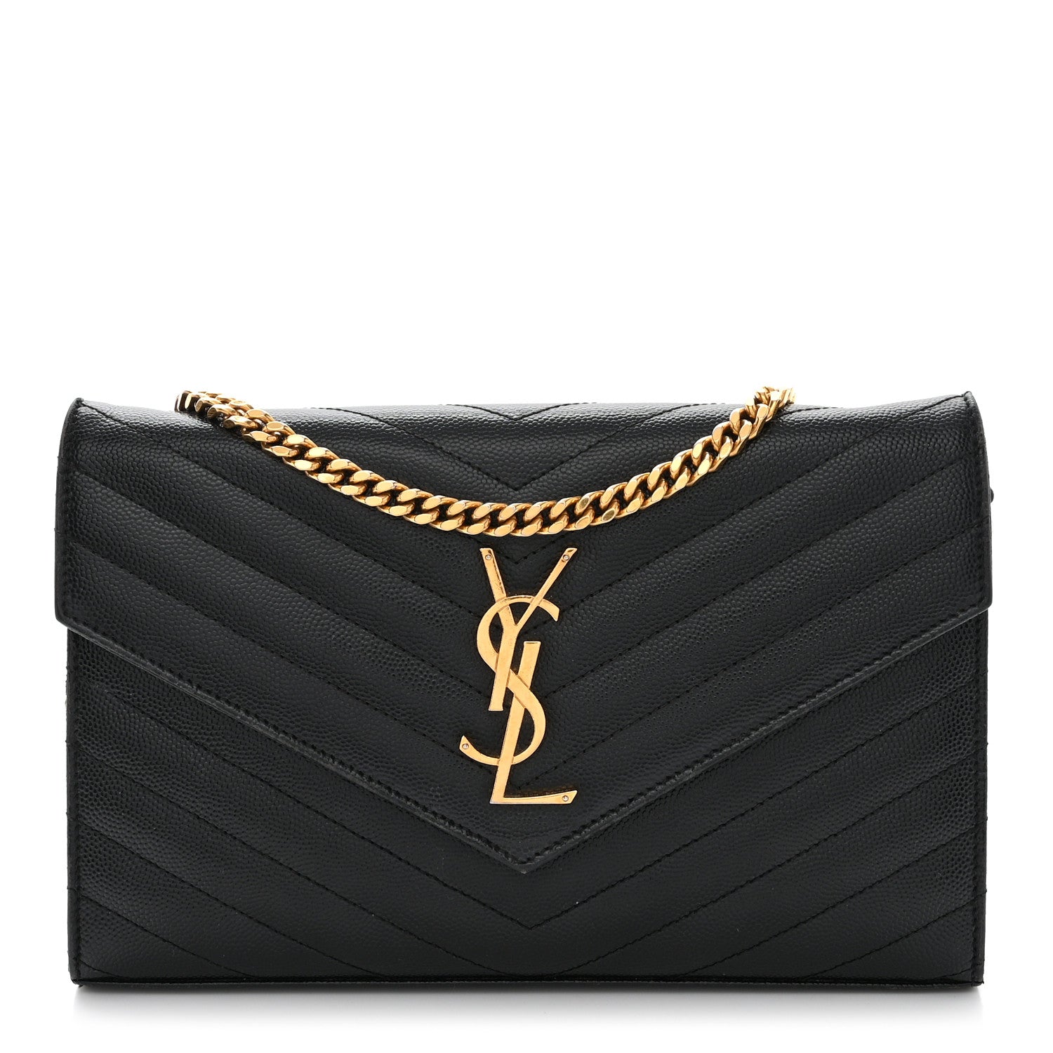 Saint Laurent Grain De Poudre Matelasse Chevron Monogram Chain Wallet Black 1 of 10