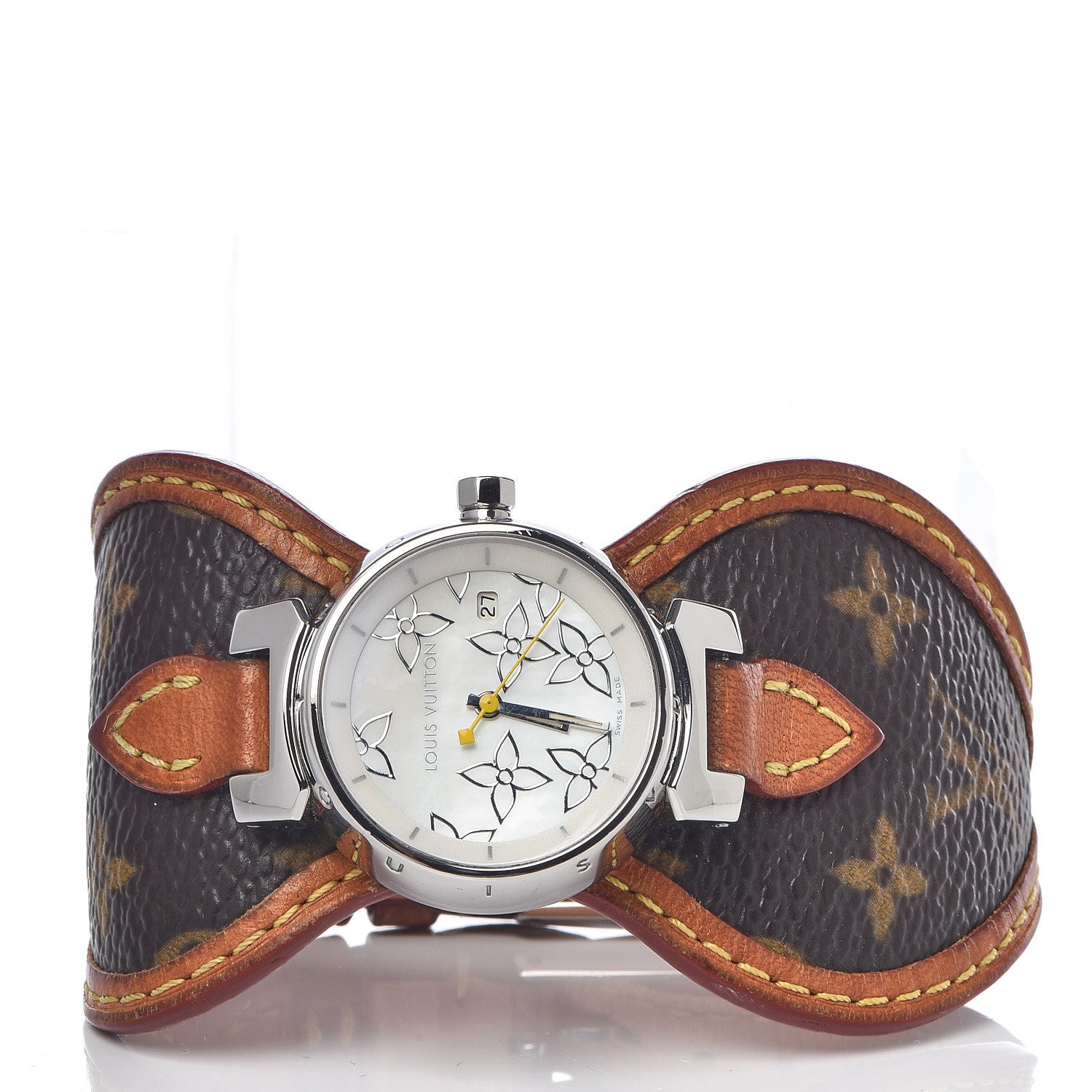 Louis Vuitton Stainless Steel Monogram Mother of Pearl 28mm Tambour Quartz Watch 3 of 5