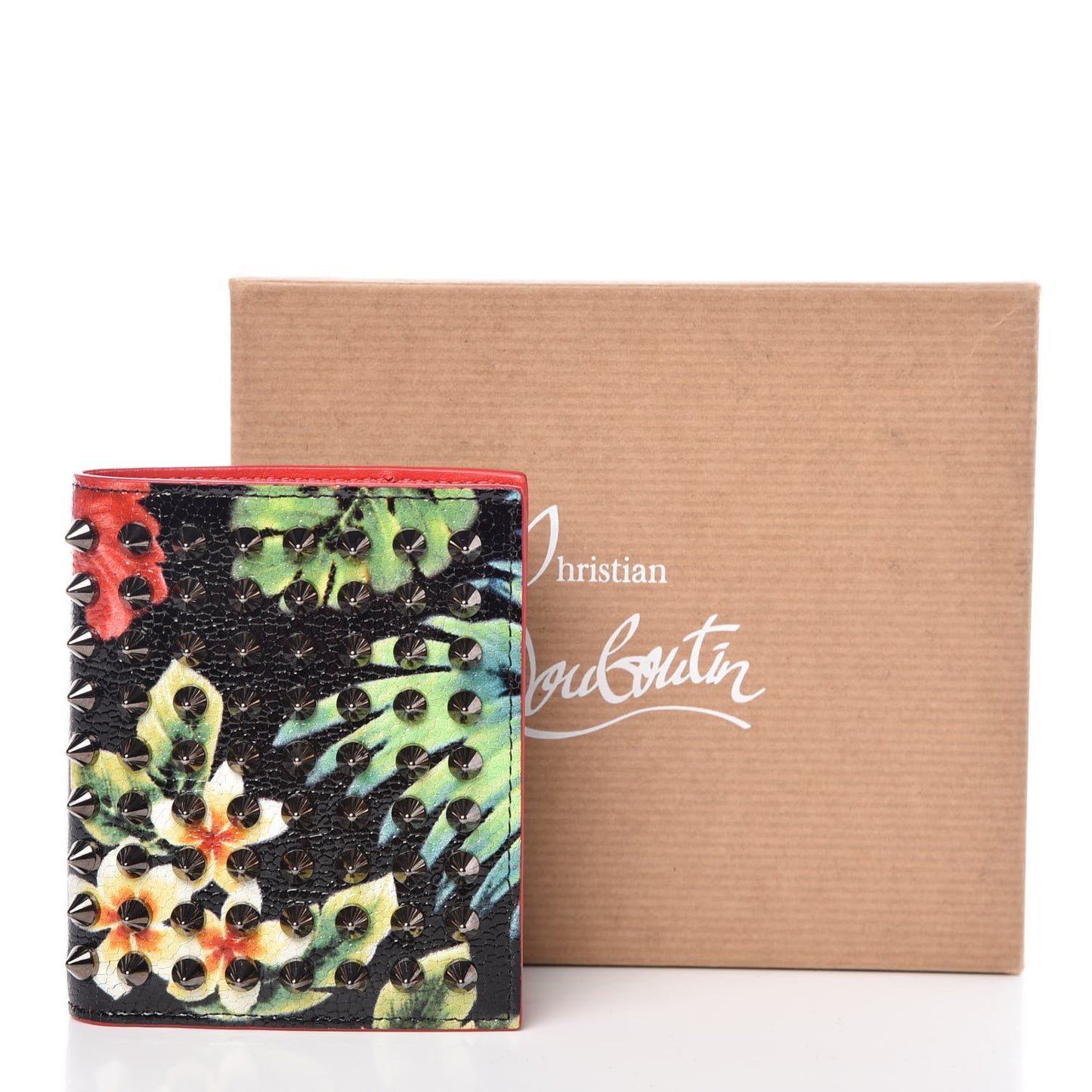 Crackled Calfskin Hawaii Print Paros Spikes Wallet Black Gunmetal