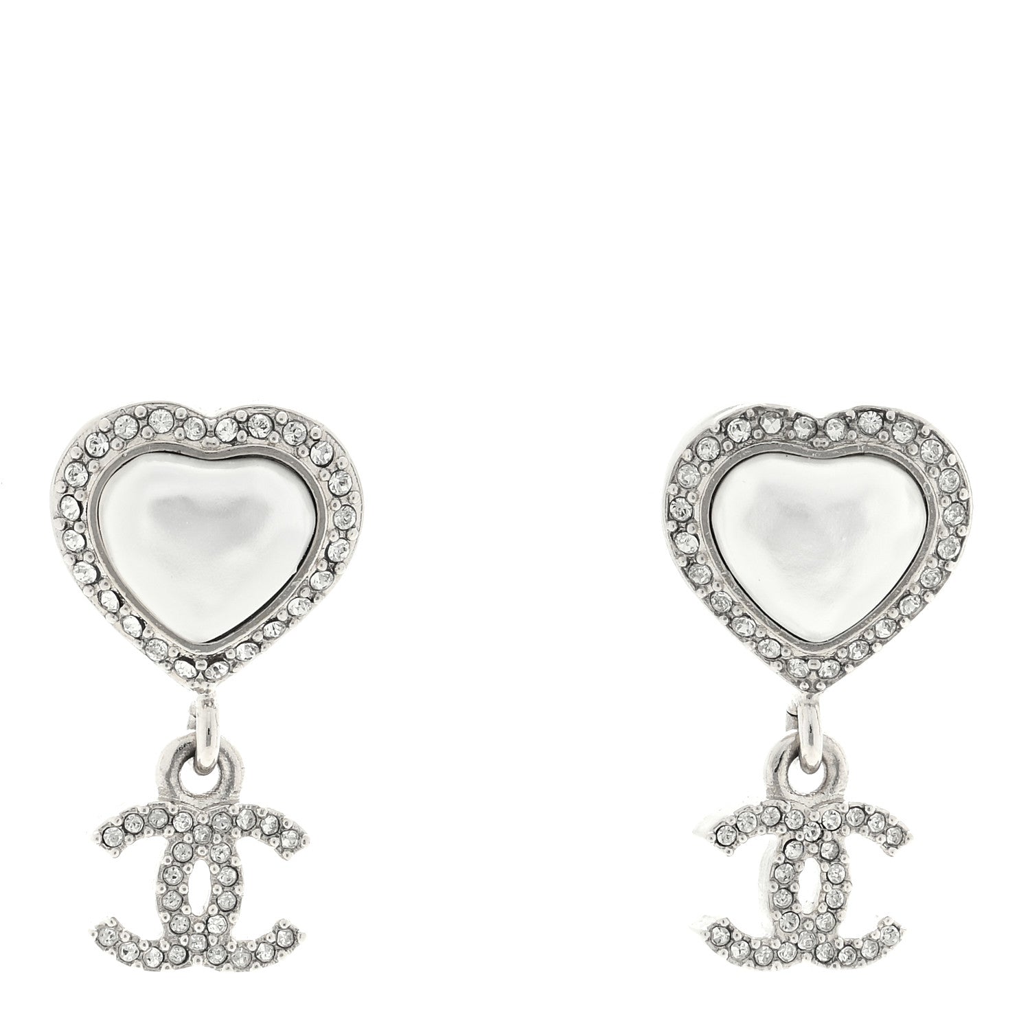 Chanel Pearl Crystal CC Heart Drop Earrings Silver 1 of 4