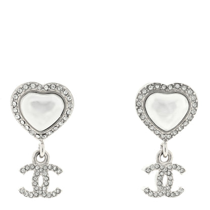 Chanel Pearl Crystal CC Heart Drop Earrings Silver 1 of 4