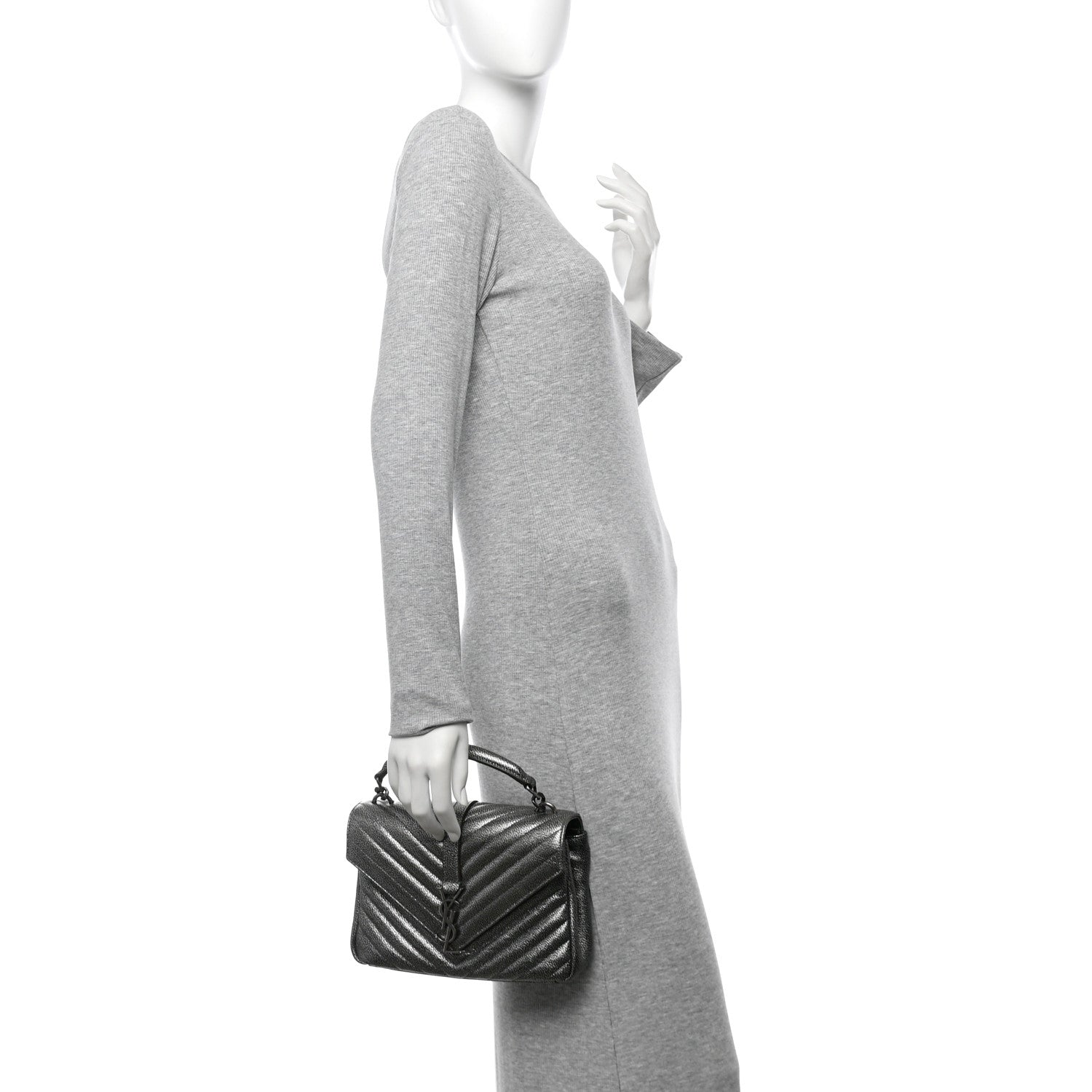 Saint Laurent Metallic Grain De Poudre Matelasse Chevron Monogram Medium College Bag Gunmetal 2 of 10
