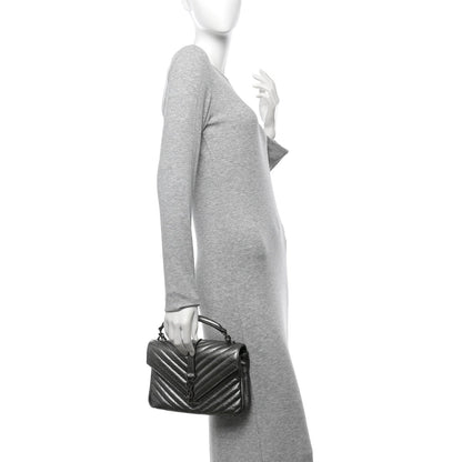 Saint Laurent Metallic Grain De Poudre Matelasse Chevron Monogram Medium College Bag Gunmetal 2 of 10