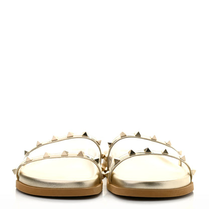 Valentino Garavani PVC Metallic Nappa Rockstud Moonwalk Flat Slide Sandals 40 Platino Transparent 2 of 9