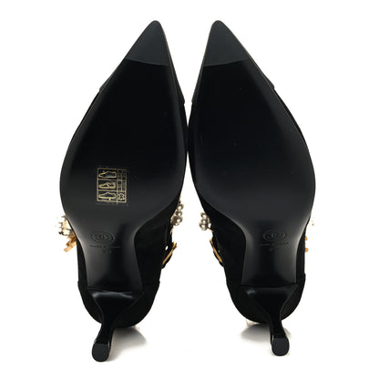 Chanel Stretch Suede Calfskin Grosgrain Pearl Multi Strand Cap Toe Ankle Boots 37 Black 5 of 7
