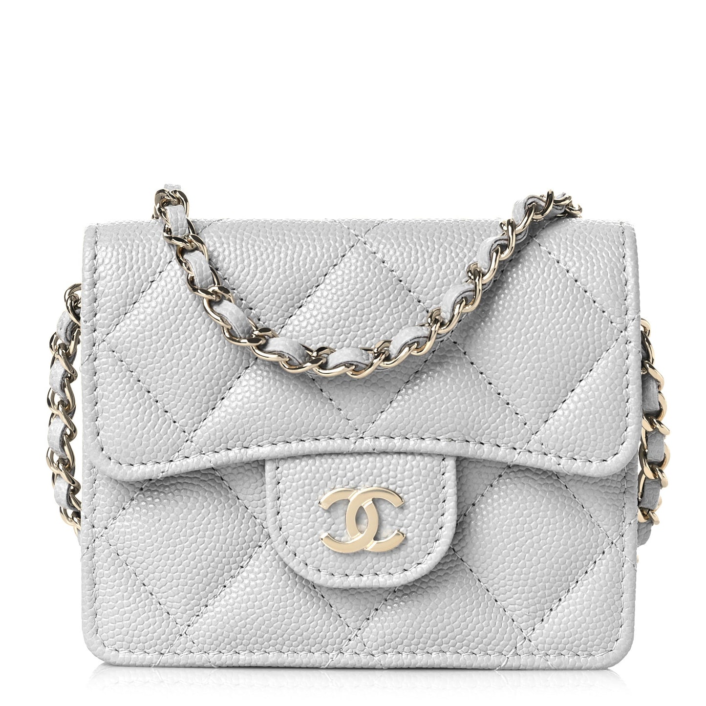 Caviar Quilted Flap Card Holder On Chain Grey