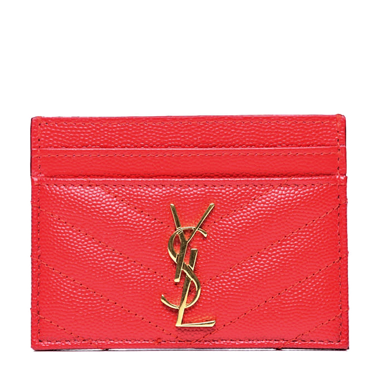 Saint Laurent Grain De Poudre Matelasse Chevron Monogram Credit Card Case New Red 1 of 10