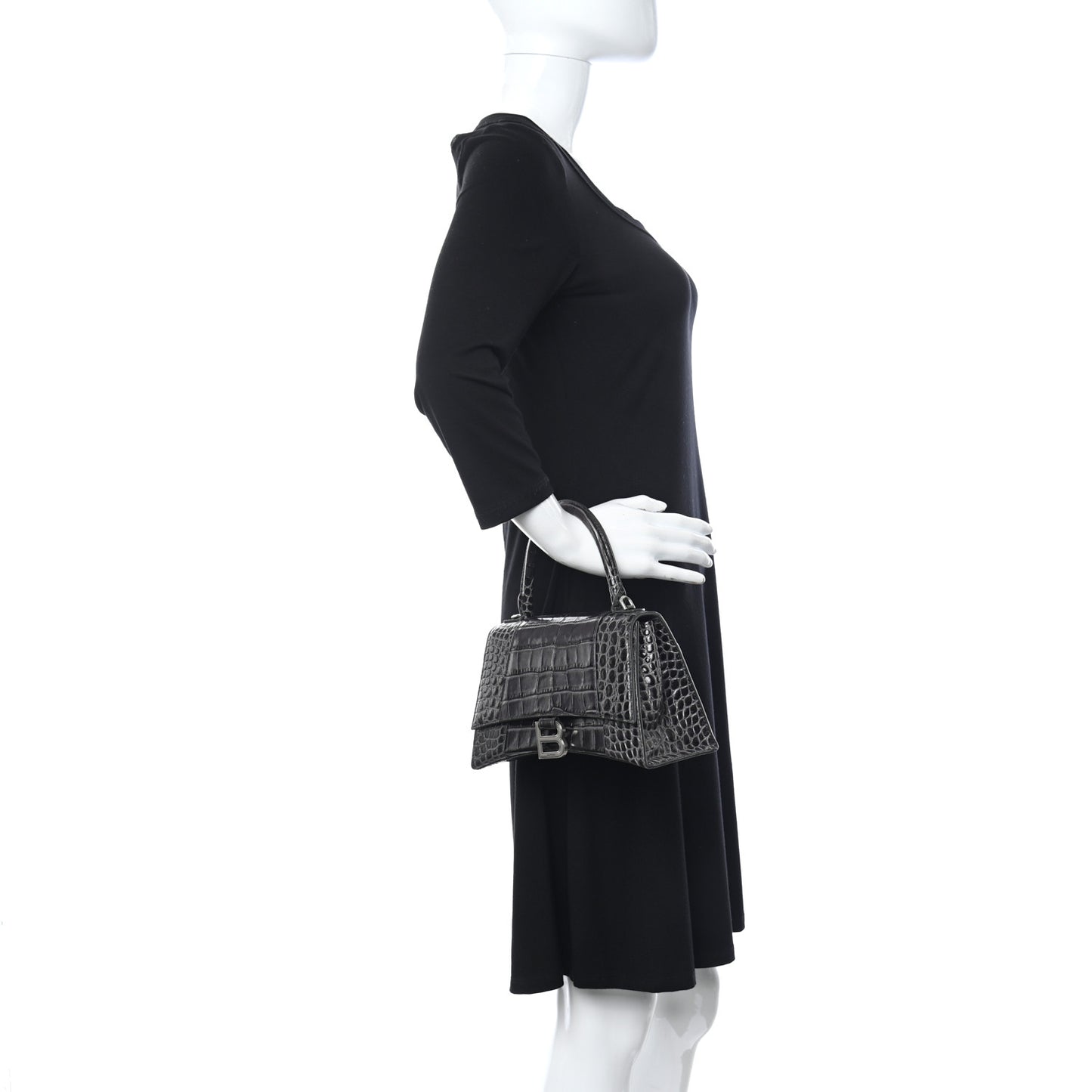 Shiny Calfskin Crocodile Embossed Small Hourglass Top Handle Bag Dark Grey