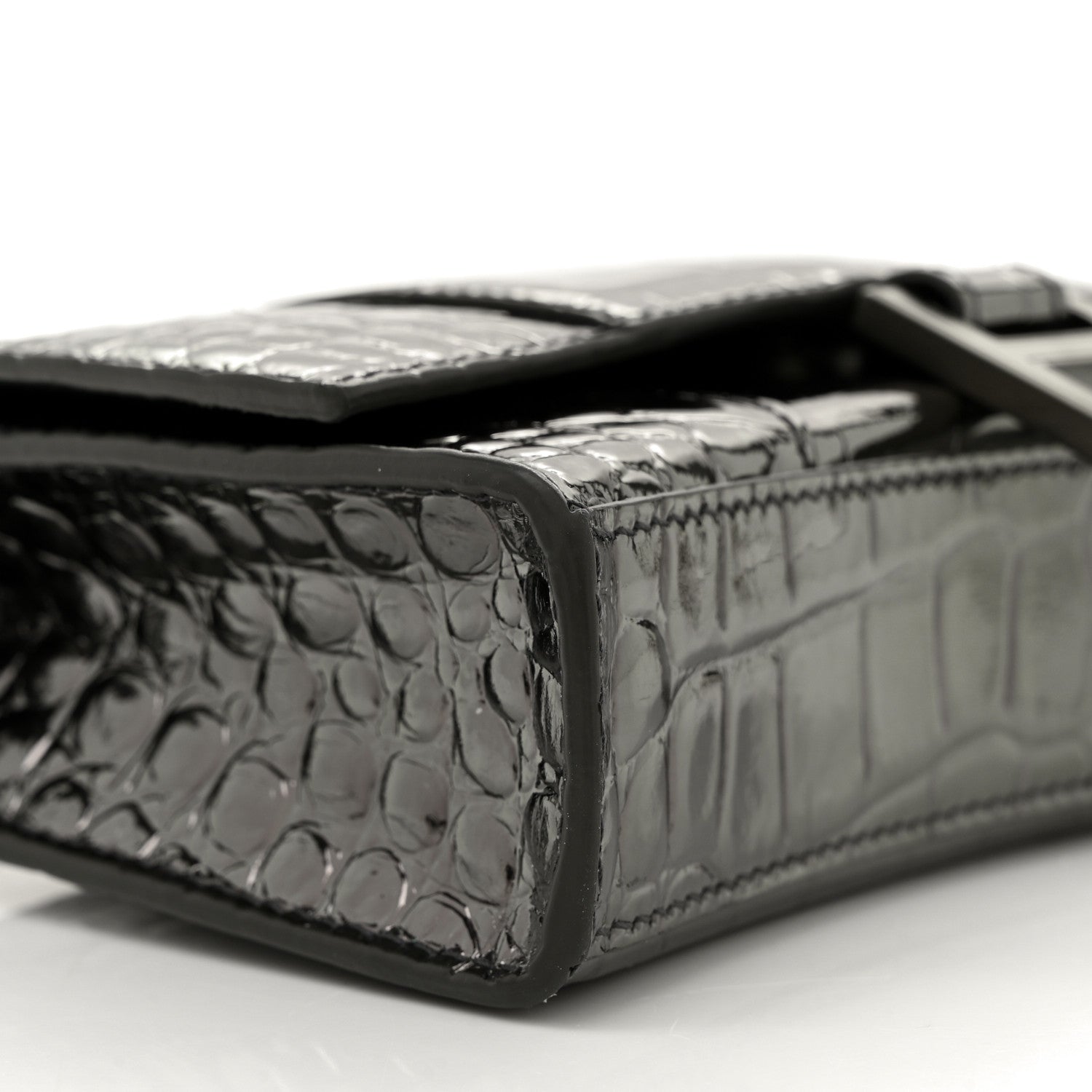 Balenciaga Shiny Metallic Calfskin Crocodile Embossed Hourglass Chain Bag Gunmetal 8 of 9