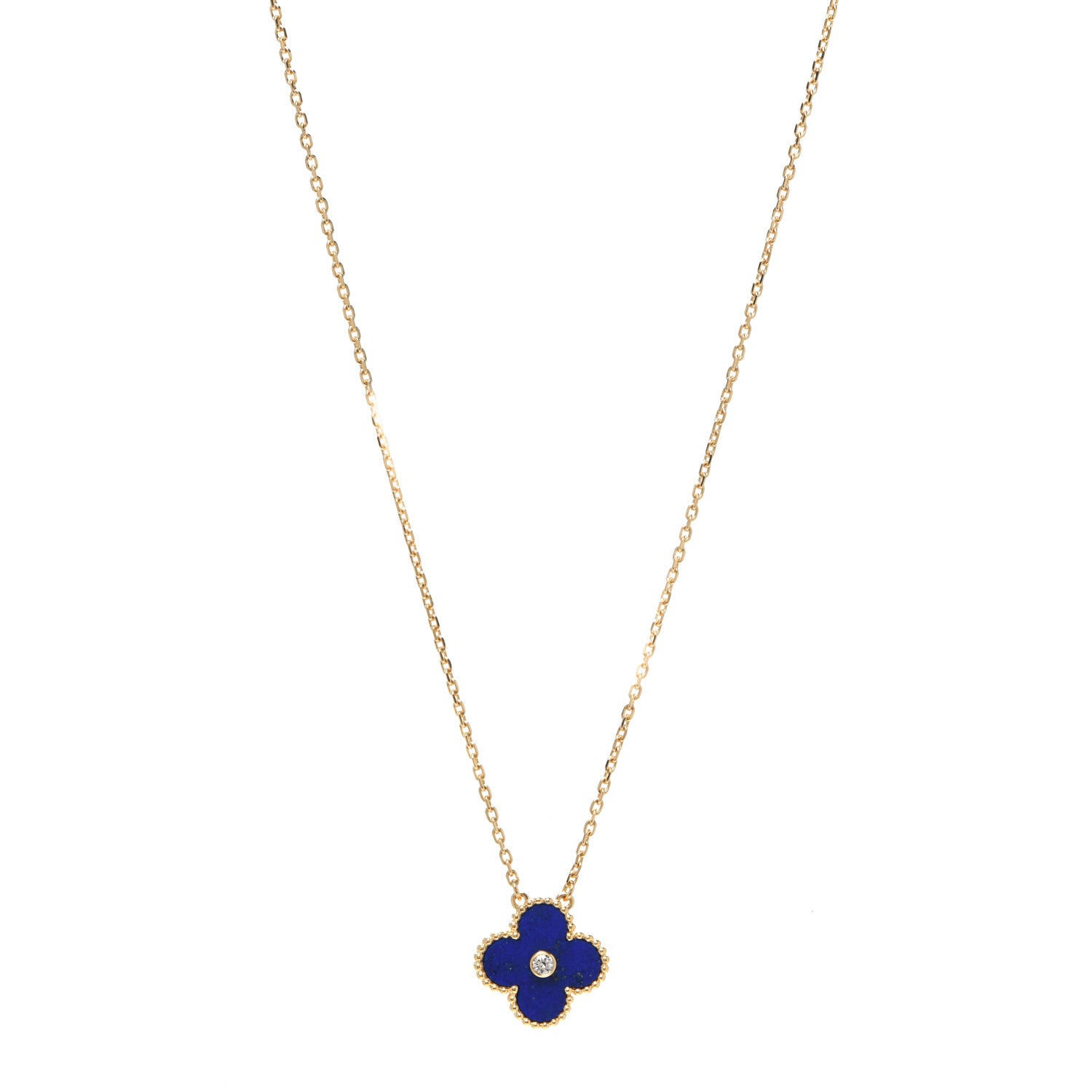 Van Cleef & Arpels 18K Yellow Gold Diamond Lapis Lazuli Vintage Alhambra Pendant Necklace 1 of 5